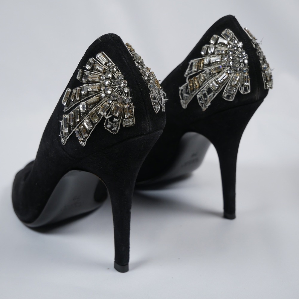 Gucci Black Suede Crystal Embellished Peep Toe Pumps 186938 C2000 7B - Picture 5 of 15